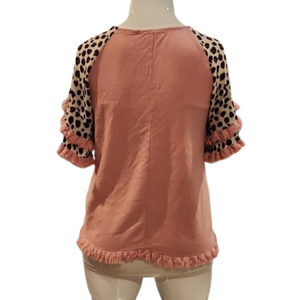 [Umgee] Pink Leopard Frayed Bell Sleeve Tunic - Size M - Picture 3 of 11